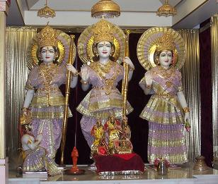 Ram-Darbar: Rama in center with consort Sita to the right and Rama's brother Laxmani to the left, with Hanuman in lower left